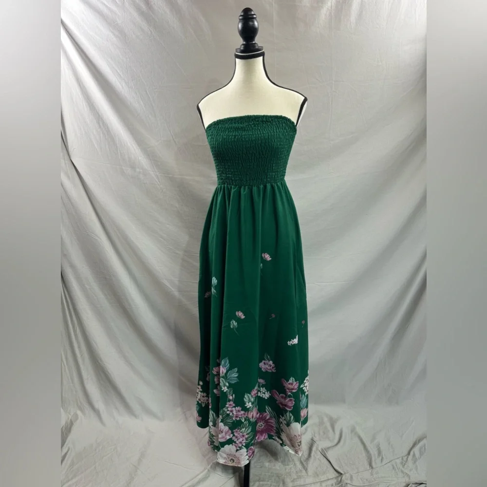LAST ONE 🔥 Floral Print Strapless Shirred A-Line Dress Green - Picture 5 of 8